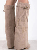 Women's Thigh-High Boots with Gold-Tone Buckle – Pointed Toe Block Heel Suede-Look Boots