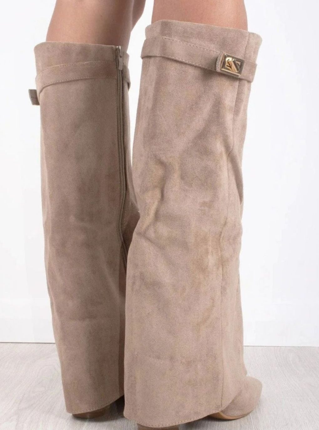 Women's Thigh-High Boots with Gold-Tone Buckle – Pointed Toe Block Heel Suede-Look Boots