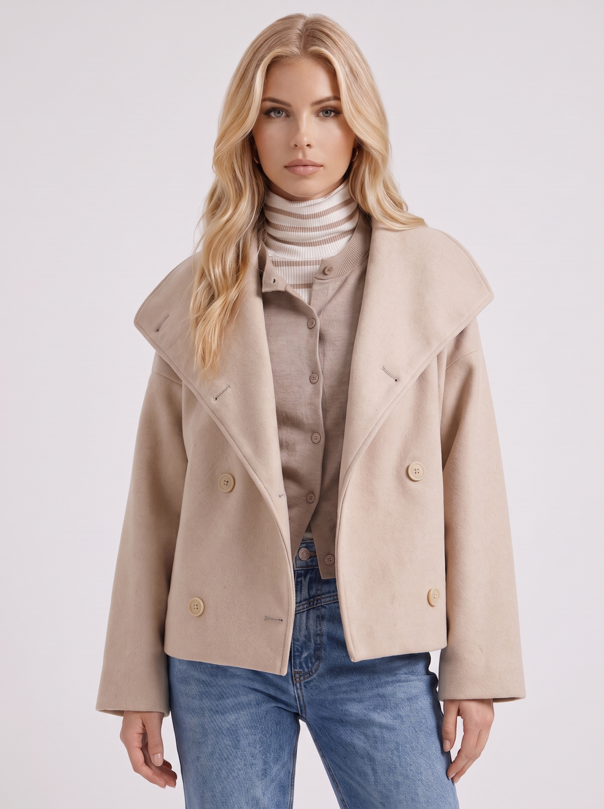 Women's Oversized Double-Breasted Peacoat – Notch Collar Winter Coat in Beige