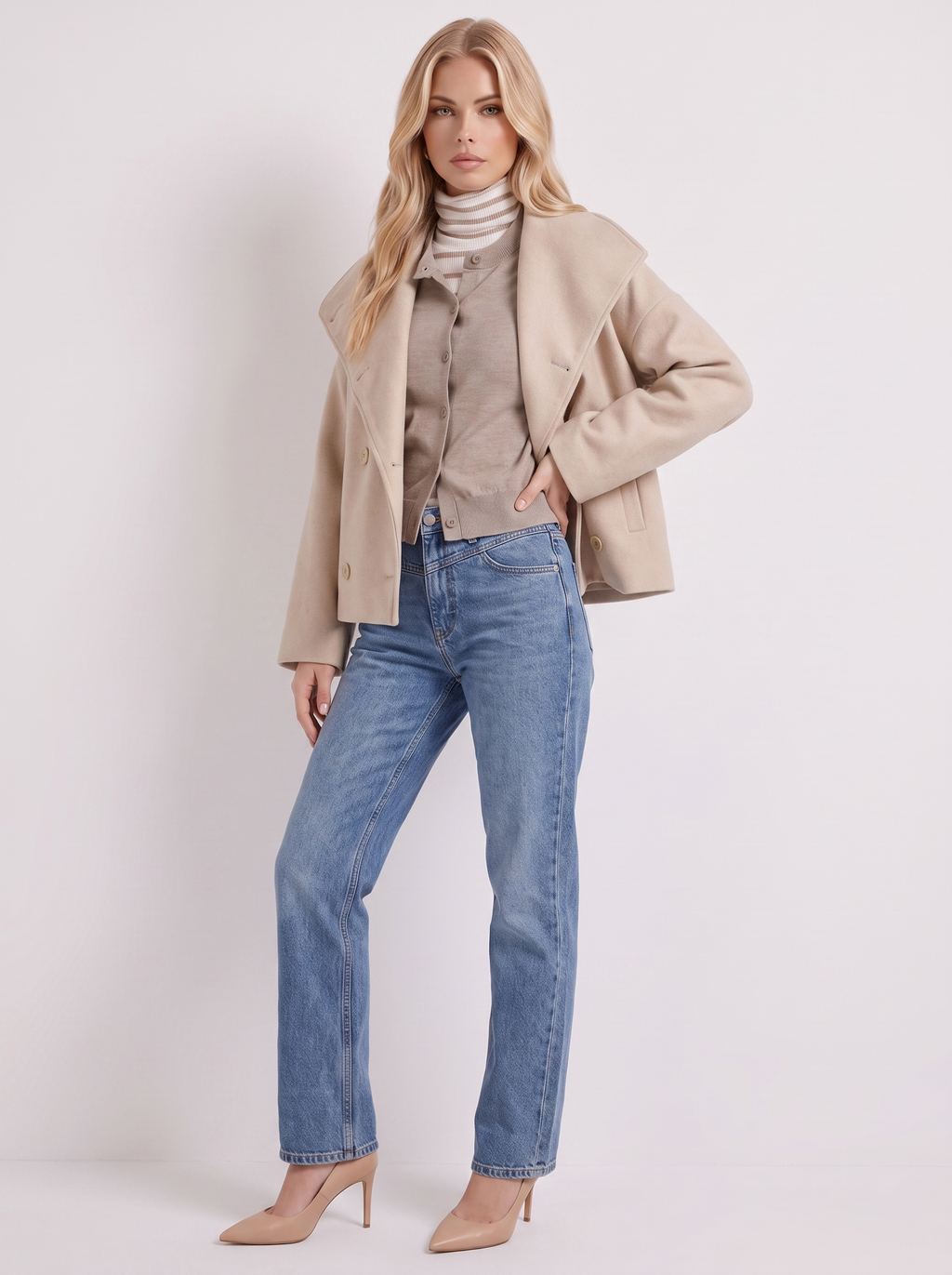 Women's Oversized Double-Breasted Peacoat – Notch Collar Winter Coat in Beige