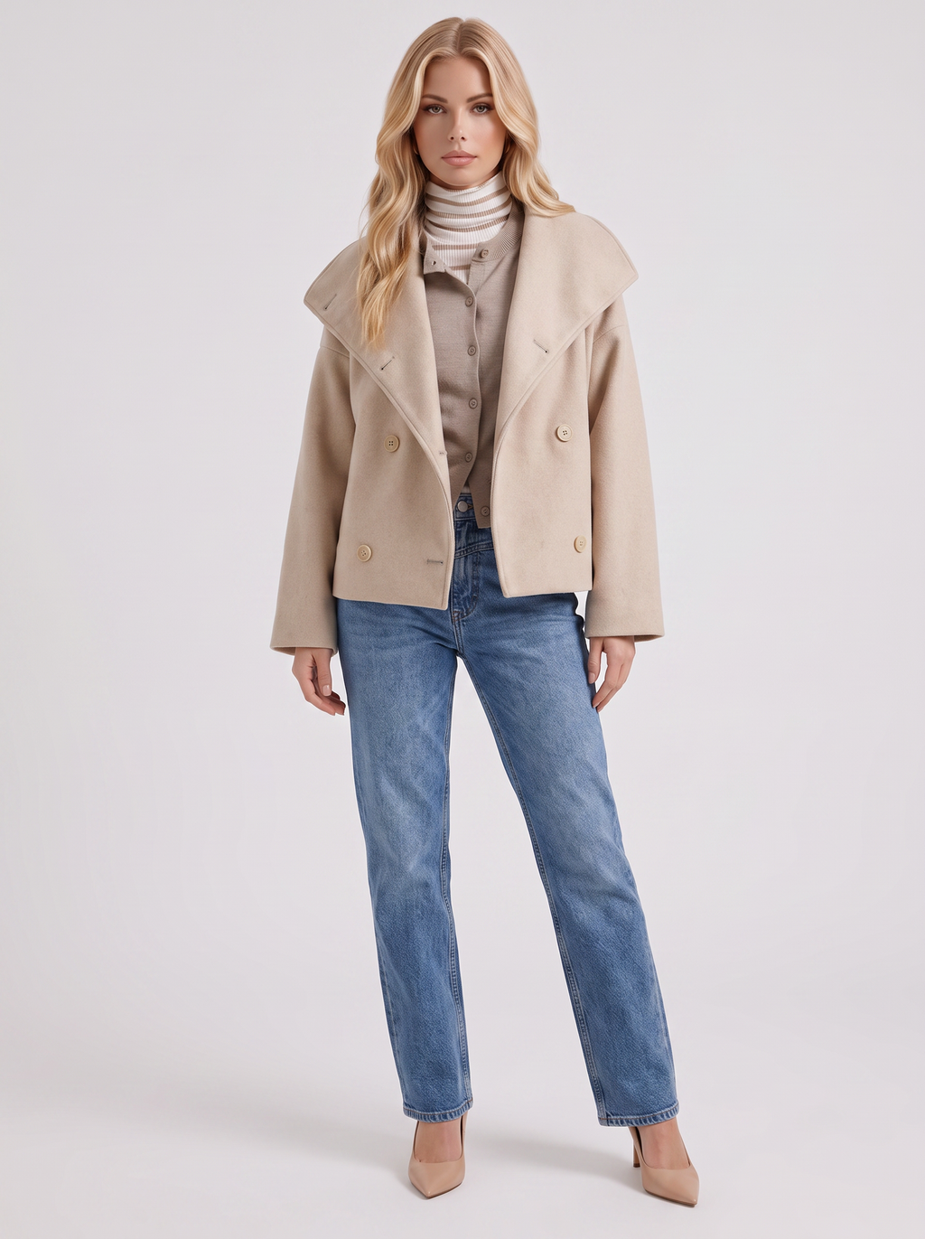 Women's Oversized Double-Breasted Peacoat – Notch Collar Winter Coat in Beige