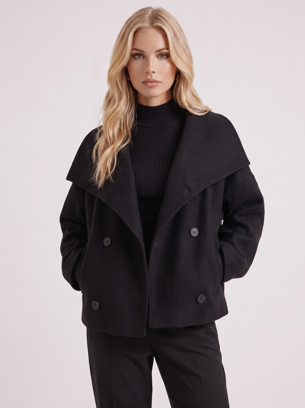 Women's Oversized Double-Breasted Peacoat – Notch Collar Winter Coat in Black