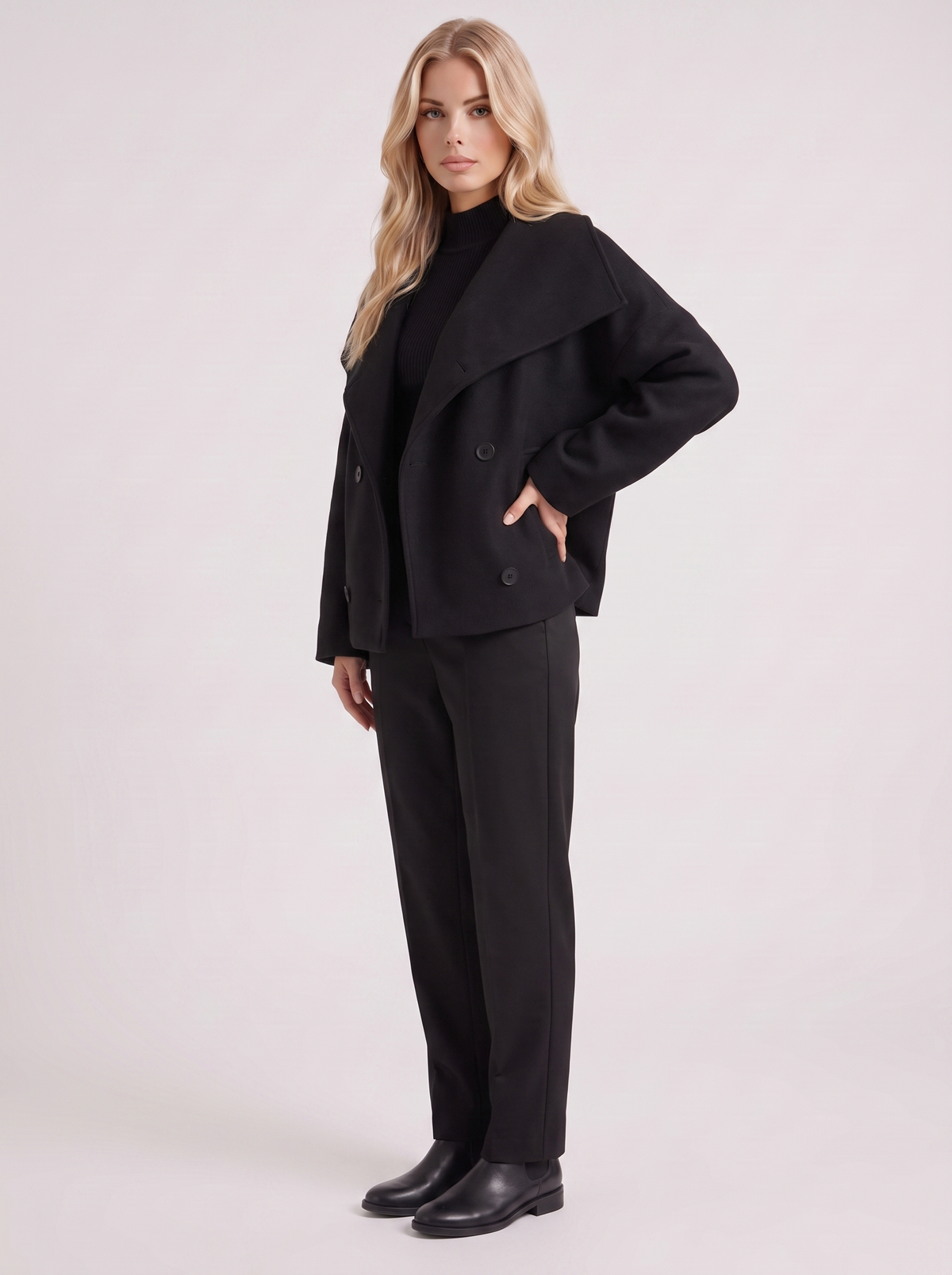 Women's Oversized Double-Breasted Peacoat – Notch Collar Winter Coat in Black