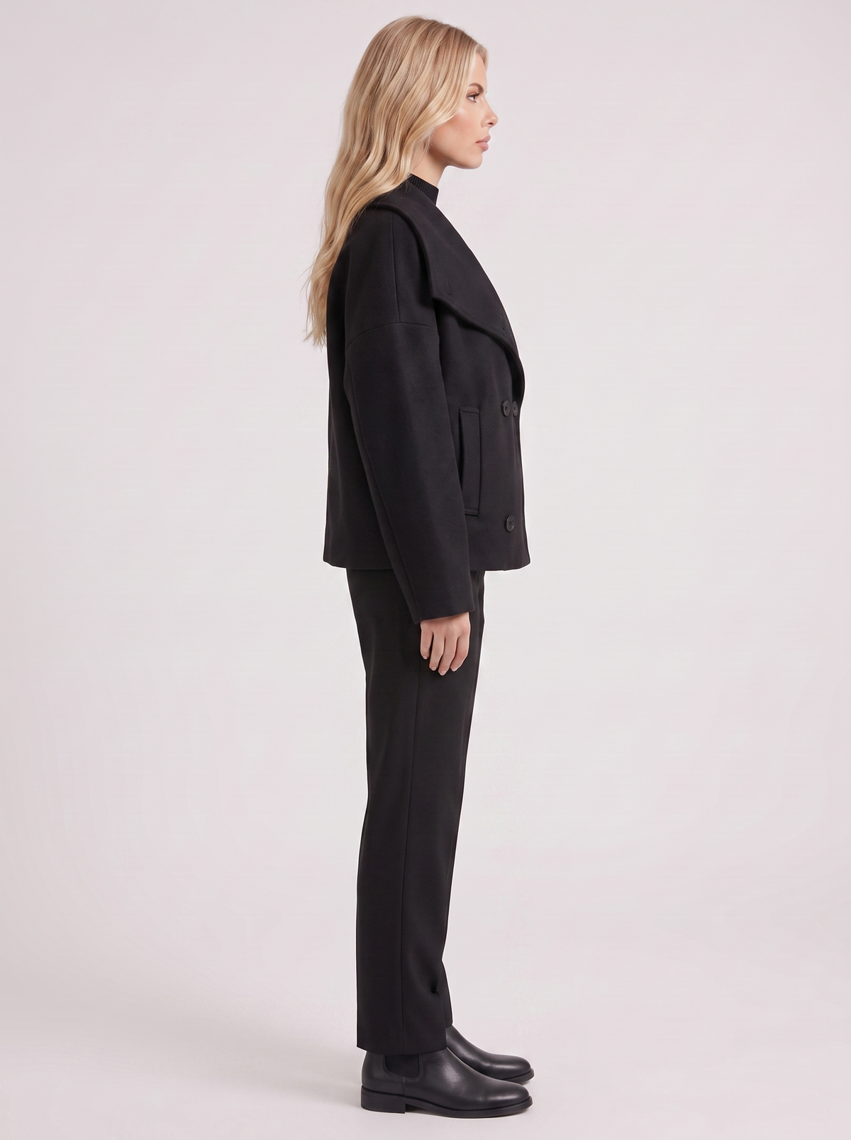 Women's Oversized Double-Breasted Peacoat – Notch Collar Winter Coat in Black