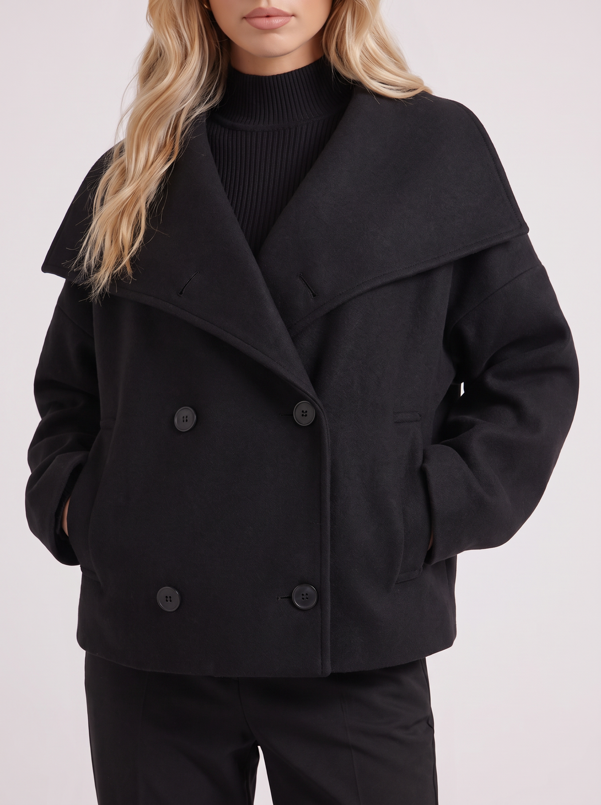 Women's Oversized Double-Breasted Peacoat – Notch Collar Winter Coat in Black