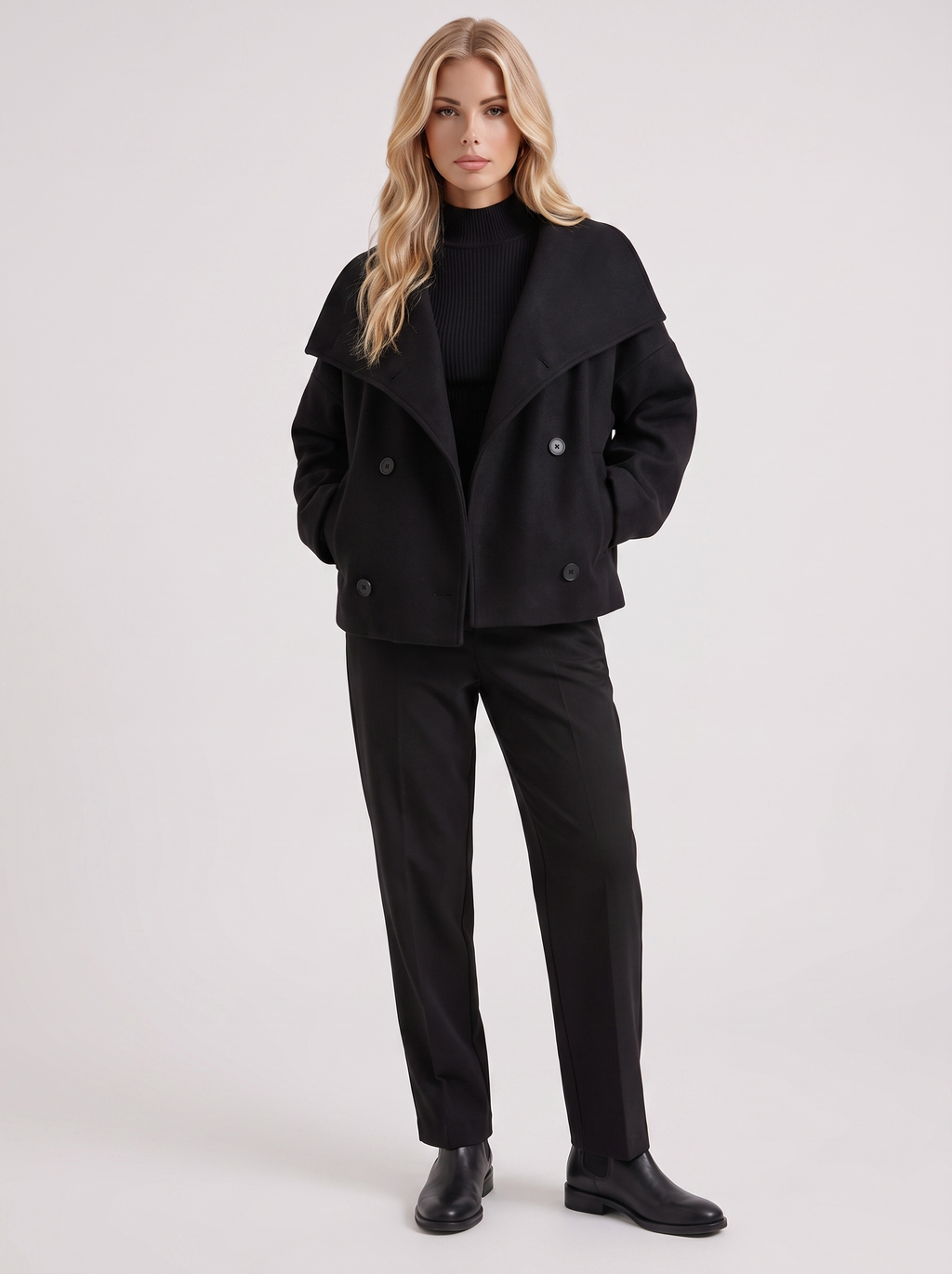 Women's Oversized Double-Breasted Peacoat – Notch Collar Winter Coat in Black