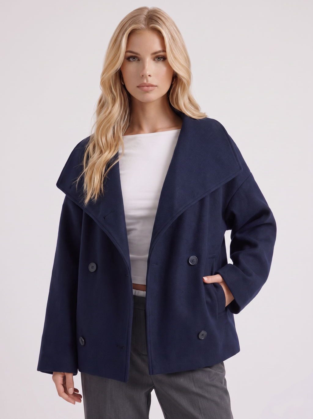 Women's Oversized Double-Breasted Peacoat – Notch Collar Winter Coat in Navy