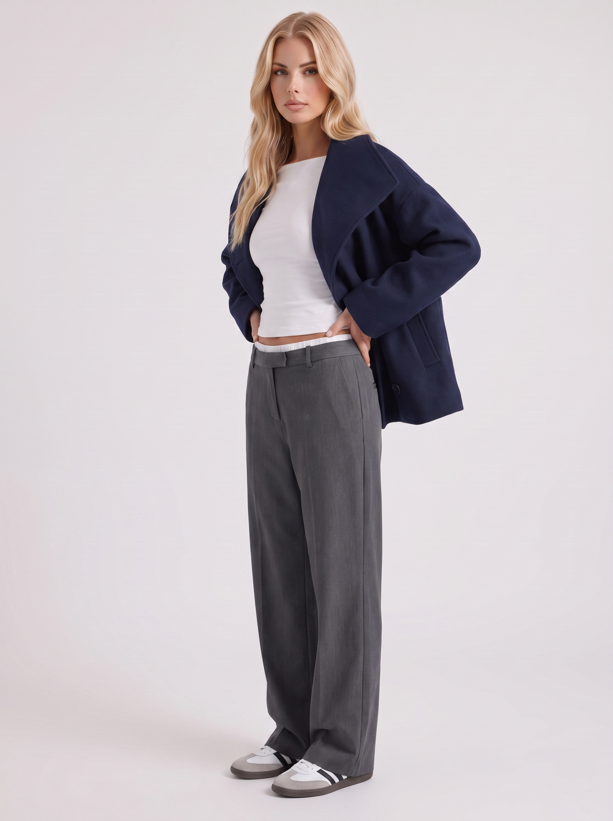 Women's Oversized Double-Breasted Peacoat – Notch Collar Winter Coat in Navy