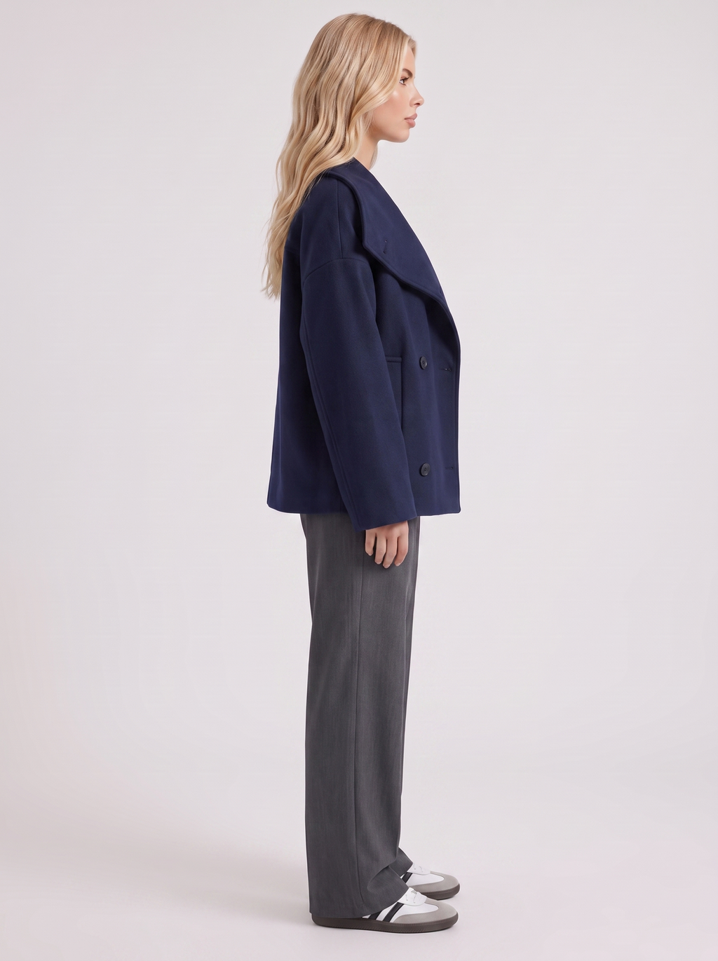 Women's Oversized Double-Breasted Peacoat – Notch Collar Winter Coat in Navy