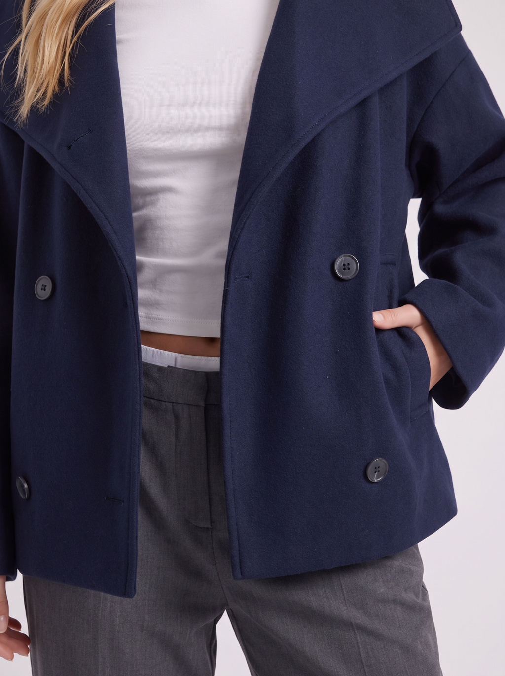 Women's Oversized Double-Breasted Peacoat – Notch Collar Winter Coat in Navy