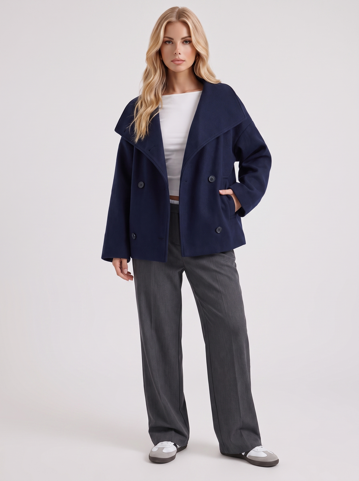 Women's Oversized Double-Breasted Peacoat – Notch Collar Winter Coat in Navy