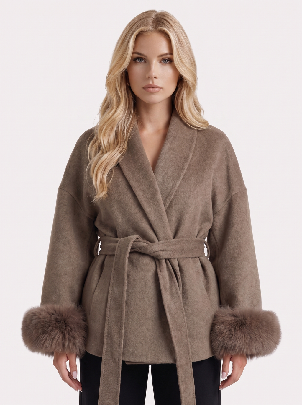 Women's Belted Wrap Jacket with Faux Fur Cuffs – Shawl Collar Coat in Brown