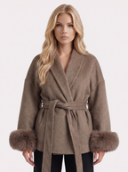 Women's Belted Wrap Jacket with Faux Fur Cuffs – Shawl Collar Coat in Brown
