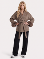 Women's Belted Wrap Jacket with Faux Fur Cuffs – Shawl Collar Coat in Brown