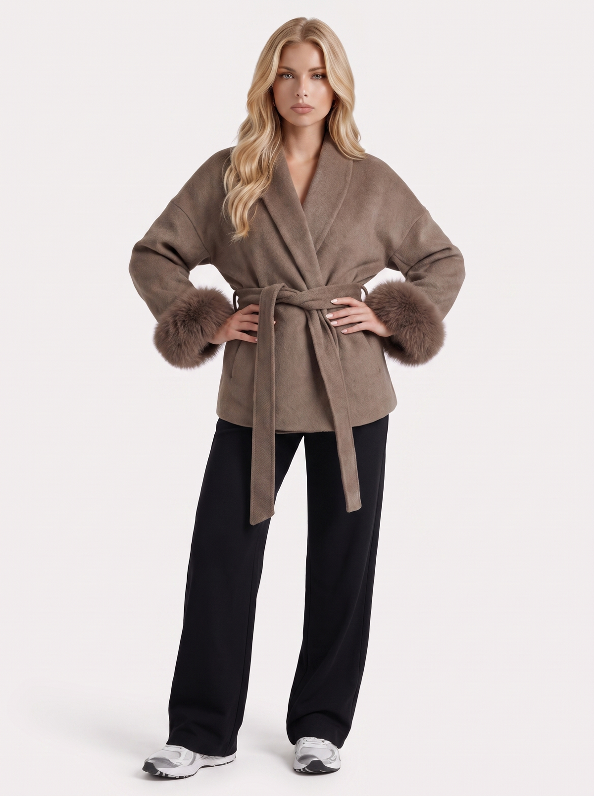 Women's Belted Wrap Jacket with Faux Fur Cuffs – Shawl Collar Coat in Brown