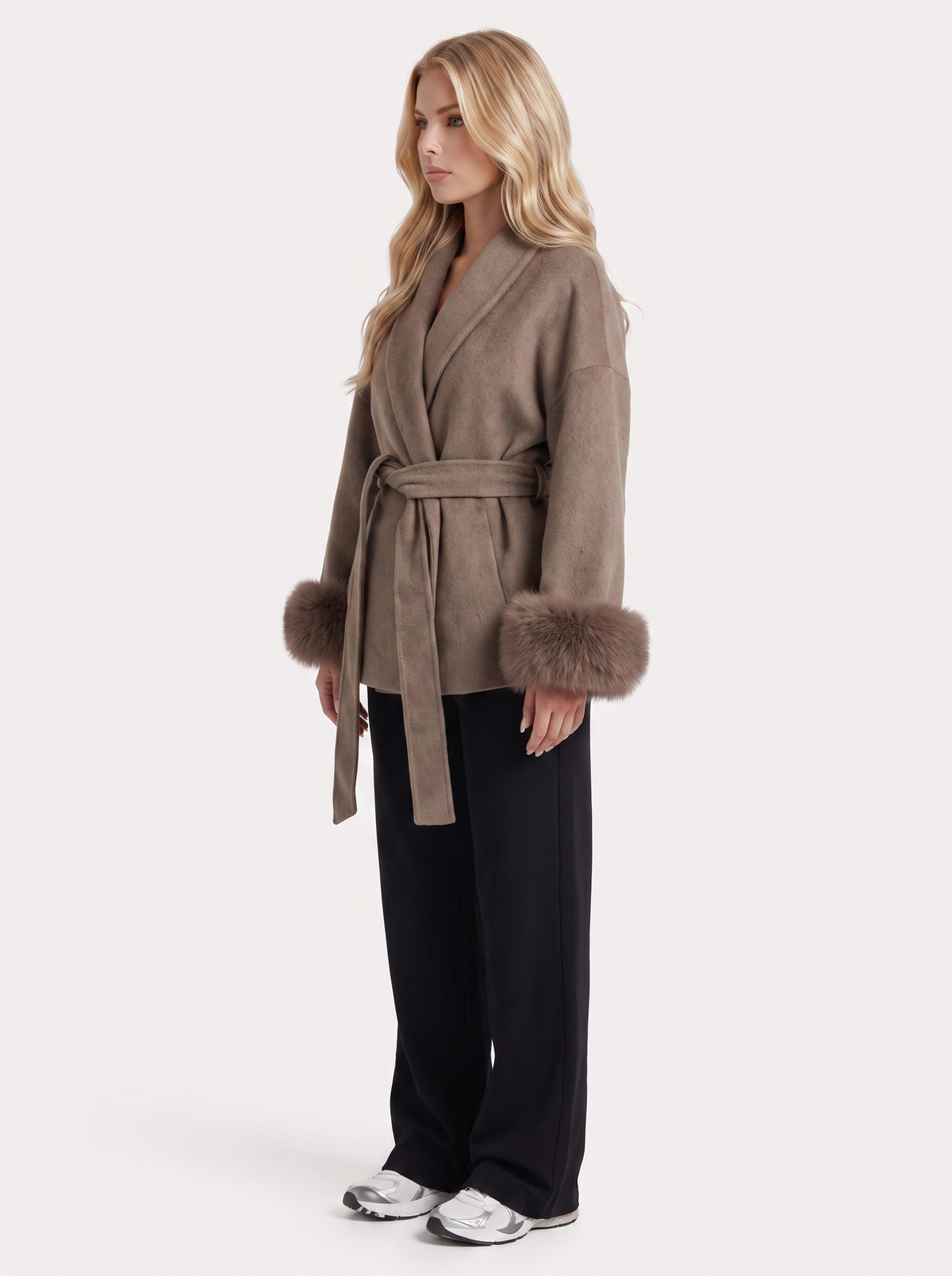 Women's Belted Wrap Jacket with Faux Fur Cuffs – Shawl Collar Coat in Brown