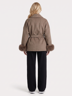 Women's Belted Wrap Jacket with Faux Fur Cuffs – Shawl Collar Coat in Brown