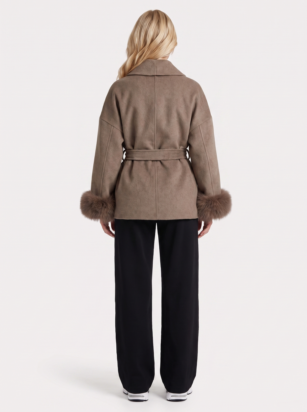 Women's Belted Wrap Jacket with Faux Fur Cuffs – Shawl Collar Coat in Brown