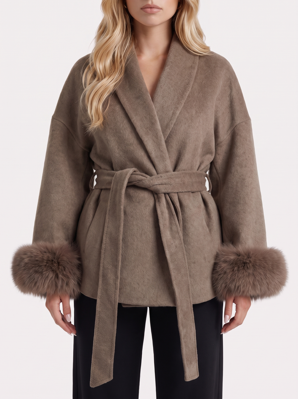 Women's Belted Wrap Jacket with Faux Fur Cuffs – Shawl Collar Coat in Brown