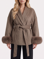 Women's Belted Wrap Jacket with Faux Fur Cuffs – Shawl Collar Coat in Brown