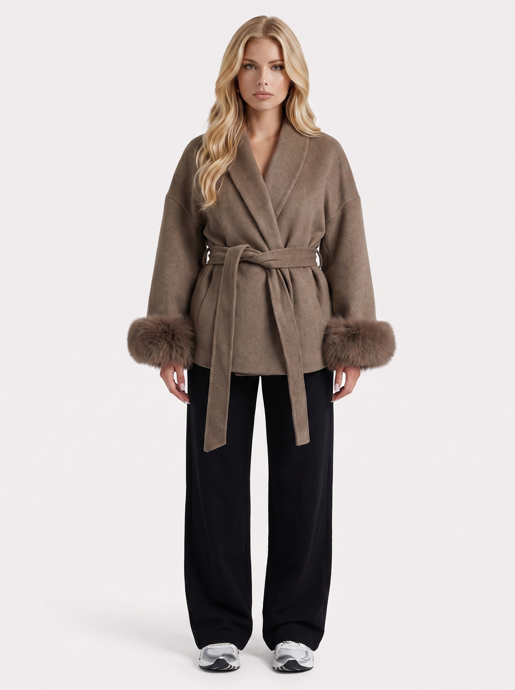 Women's Belted Wrap Jacket with Faux Fur Cuffs – Shawl Collar Coat in Brown