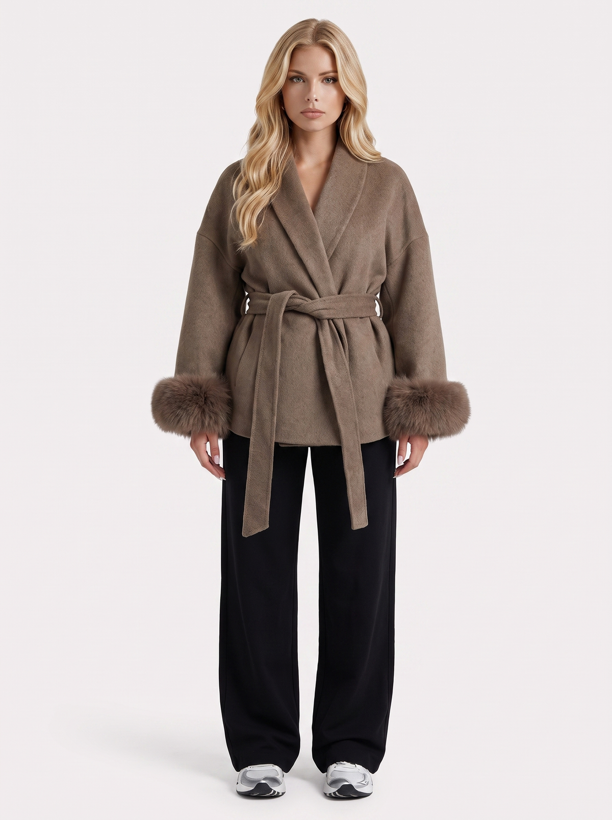 Women's Belted Wrap Jacket with Faux Fur Cuffs – Shawl Collar Coat in Brown
