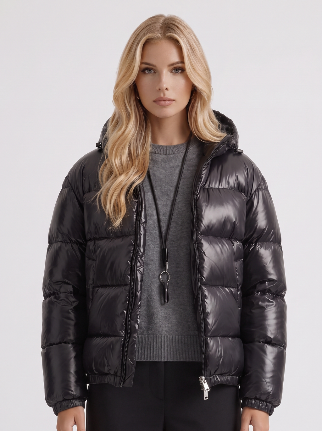 Women's Cropped Glossy Puffer Jacket with Hood – Quilted Two-Way Zip Coat in Black