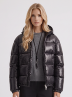 Women's Cropped Glossy Puffer Jacket with Hood – Quilted Two-Way Zip Coat in Black