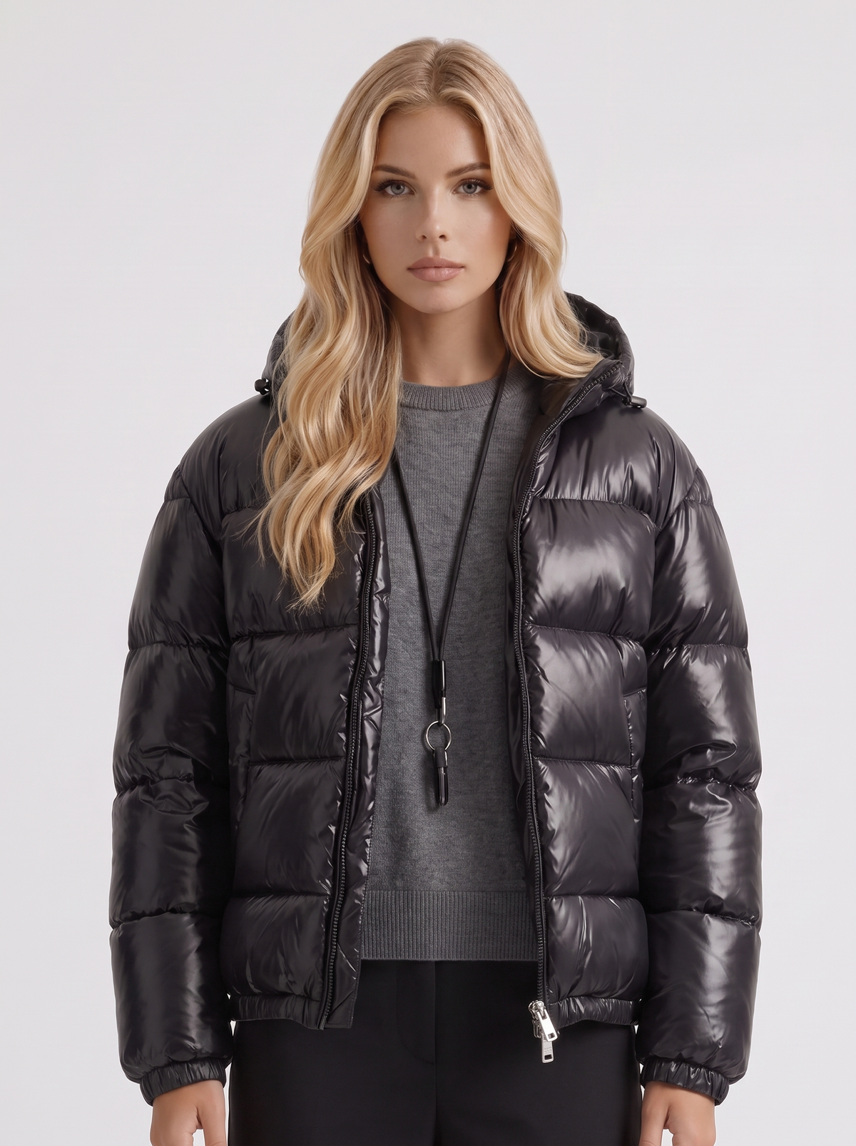 Women's Cropped Glossy Puffer Jacket with Hood – Quilted Two-Way Zip Coat in Black