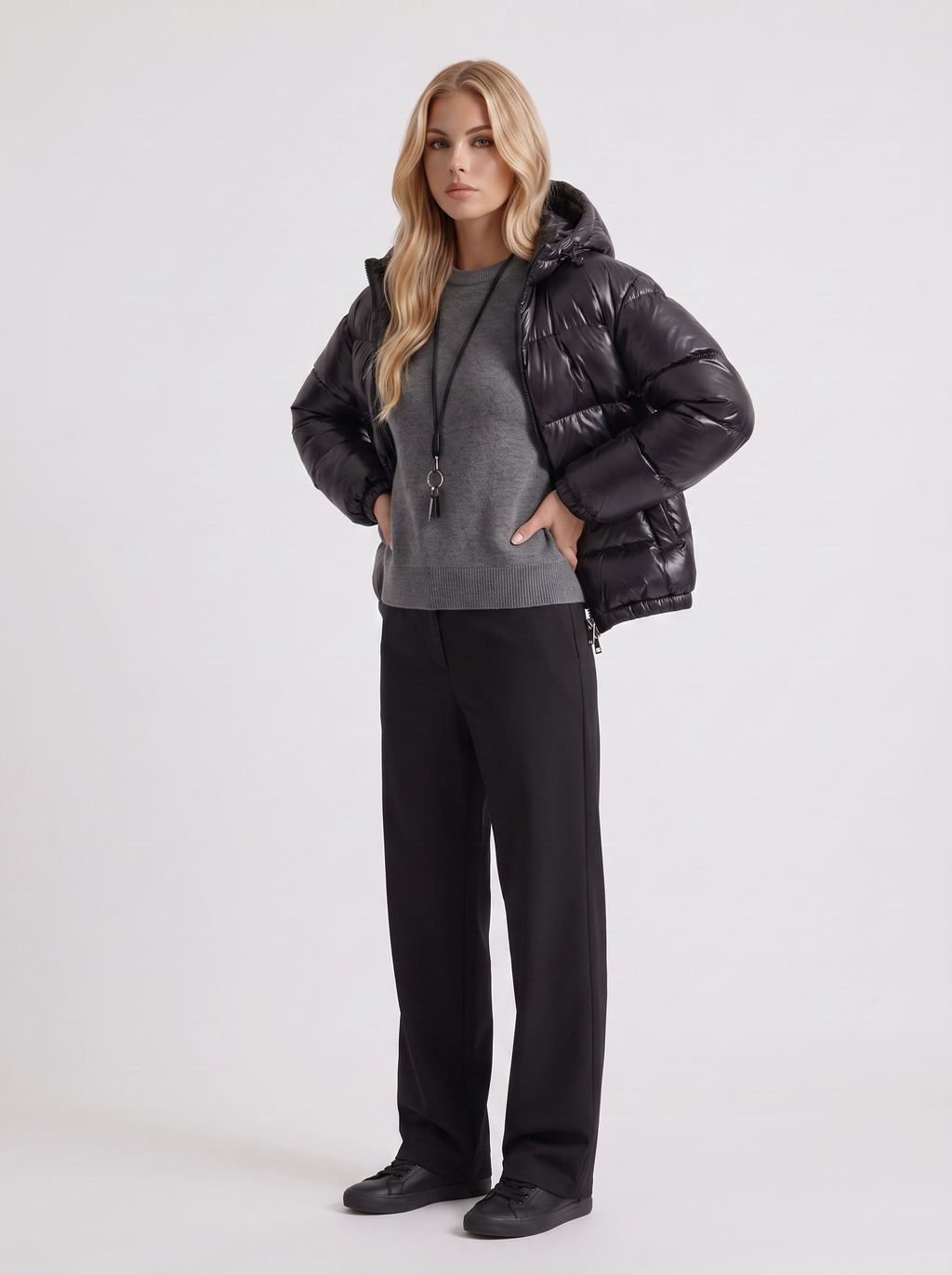 Women's Cropped Glossy Puffer Jacket with Hood – Quilted Two-Way Zip Coat in Black