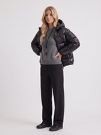 Women's Cropped Glossy Puffer Jacket with Hood – Quilted Two-Way Zip Coat in Black