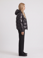 Women's Cropped Glossy Puffer Jacket with Hood – Quilted Two-Way Zip Coat in Black