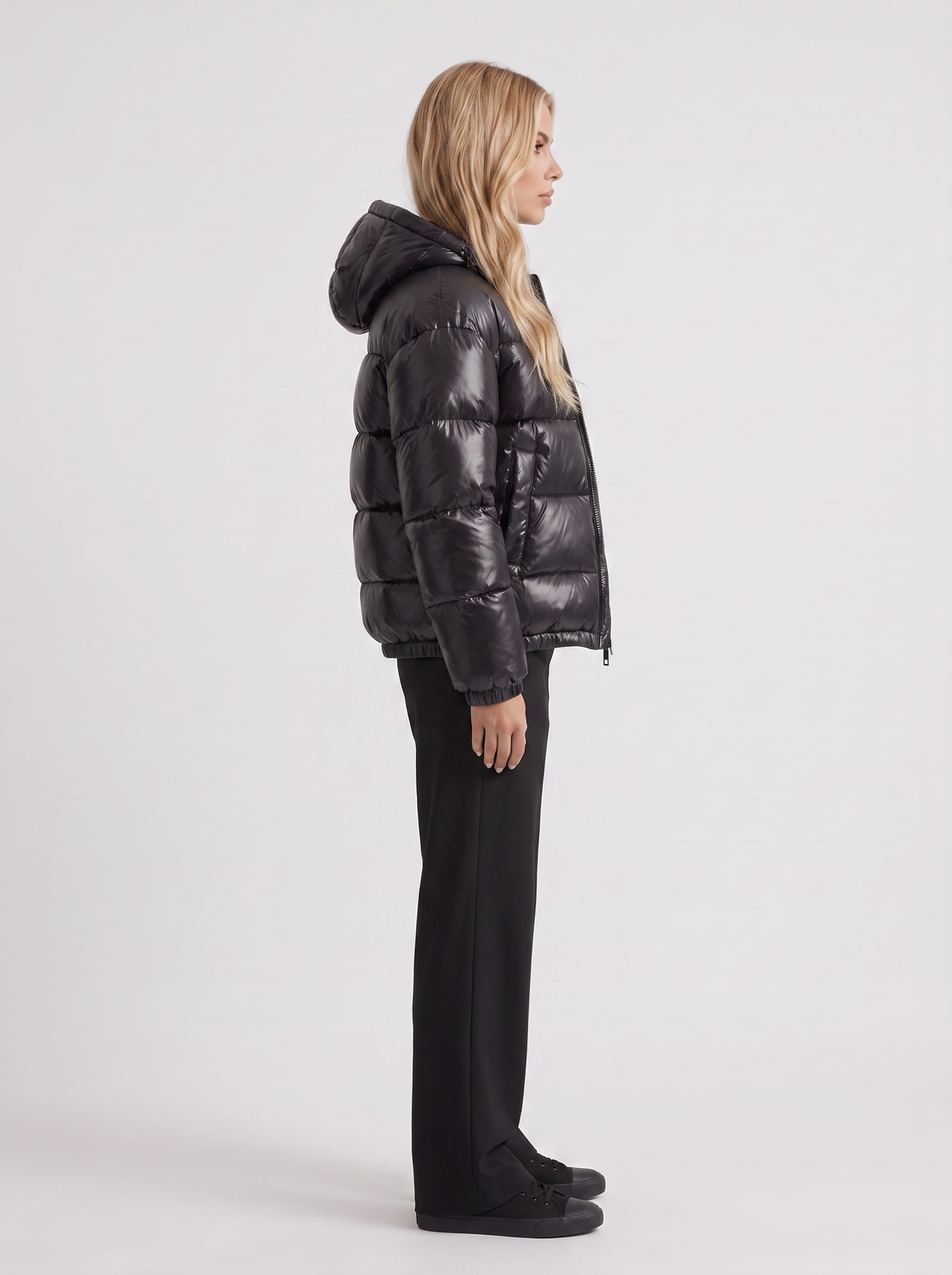 Women's Cropped Glossy Puffer Jacket with Hood – Quilted Two-Way Zip Coat in Black