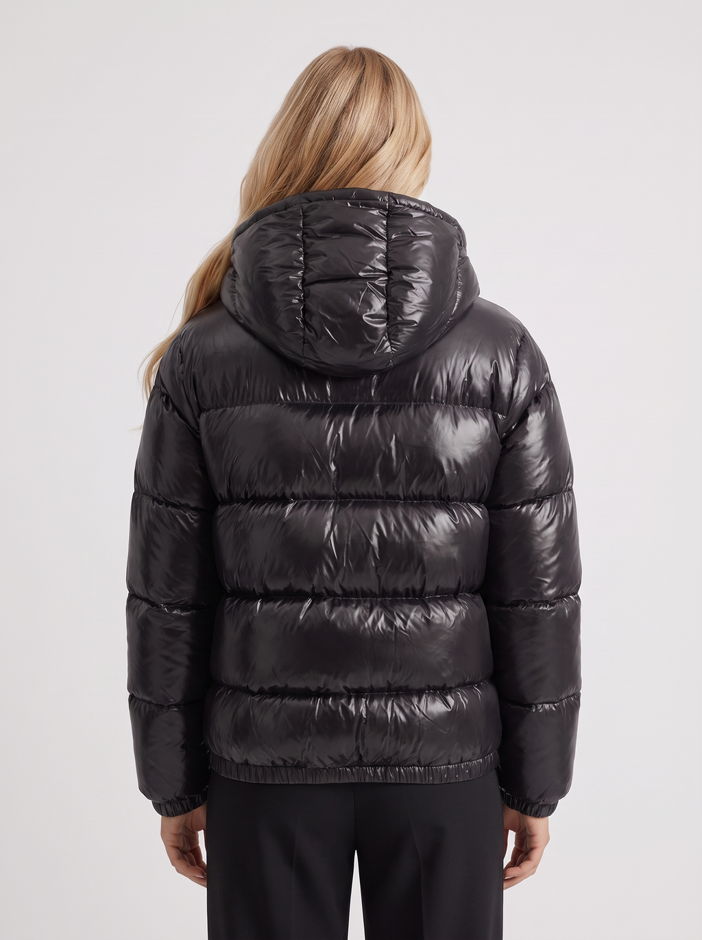 Women's Cropped Glossy Puffer Jacket with Hood – Quilted Two-Way Zip Coat in Black