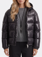 Women's Cropped Glossy Puffer Jacket with Hood – Quilted Two-Way Zip Coat in Black