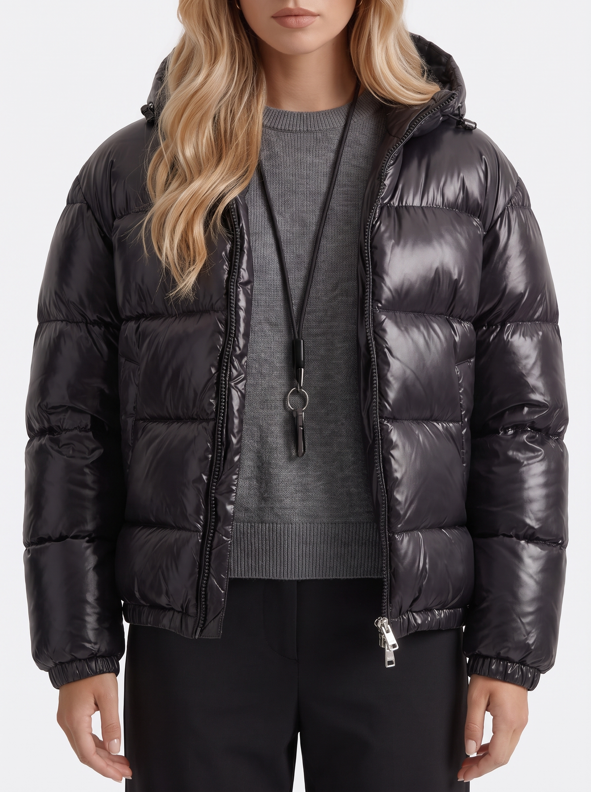 Women's Cropped Glossy Puffer Jacket with Hood – Quilted Two-Way Zip Coat in Black