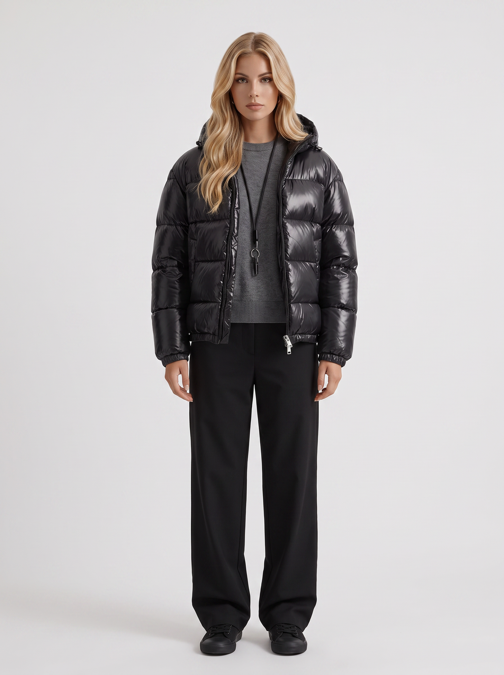 Women's Cropped Glossy Puffer Jacket with Hood – Quilted Two-Way Zip Coat in Black