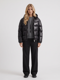Women's Cropped Glossy Puffer Jacket with Hood – Quilted Two-Way Zip Coat in Black