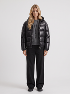 Women's Cropped Glossy Puffer Jacket with Hood – Quilted Two-Way Zip Coat in Black