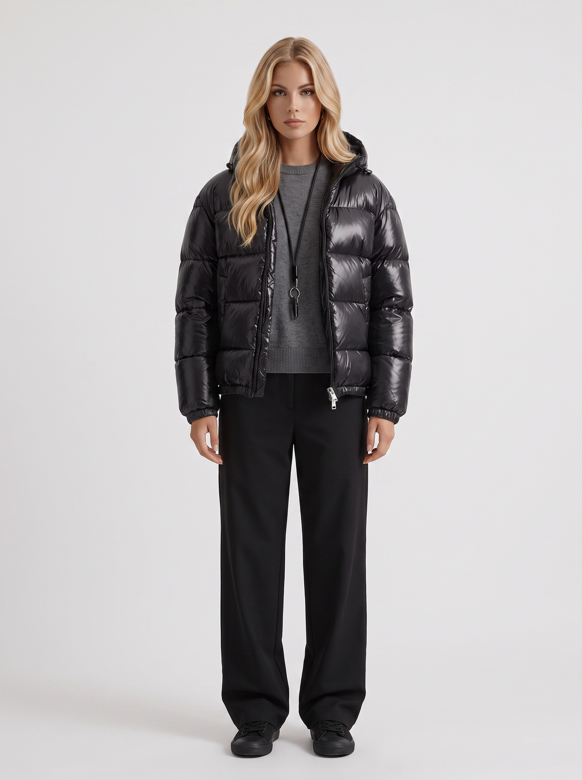 Women's Cropped Glossy Puffer Jacket with Hood – Quilted Two-Way Zip Coat in Black