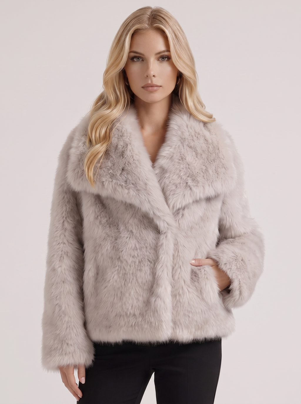 Women's Faux Fur Shawl Collar Jacket – Open-Front Plush Coat in Beige