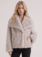 Women's Faux Fur Shawl Collar Jacket – Open-Front Plush Coat in Beige