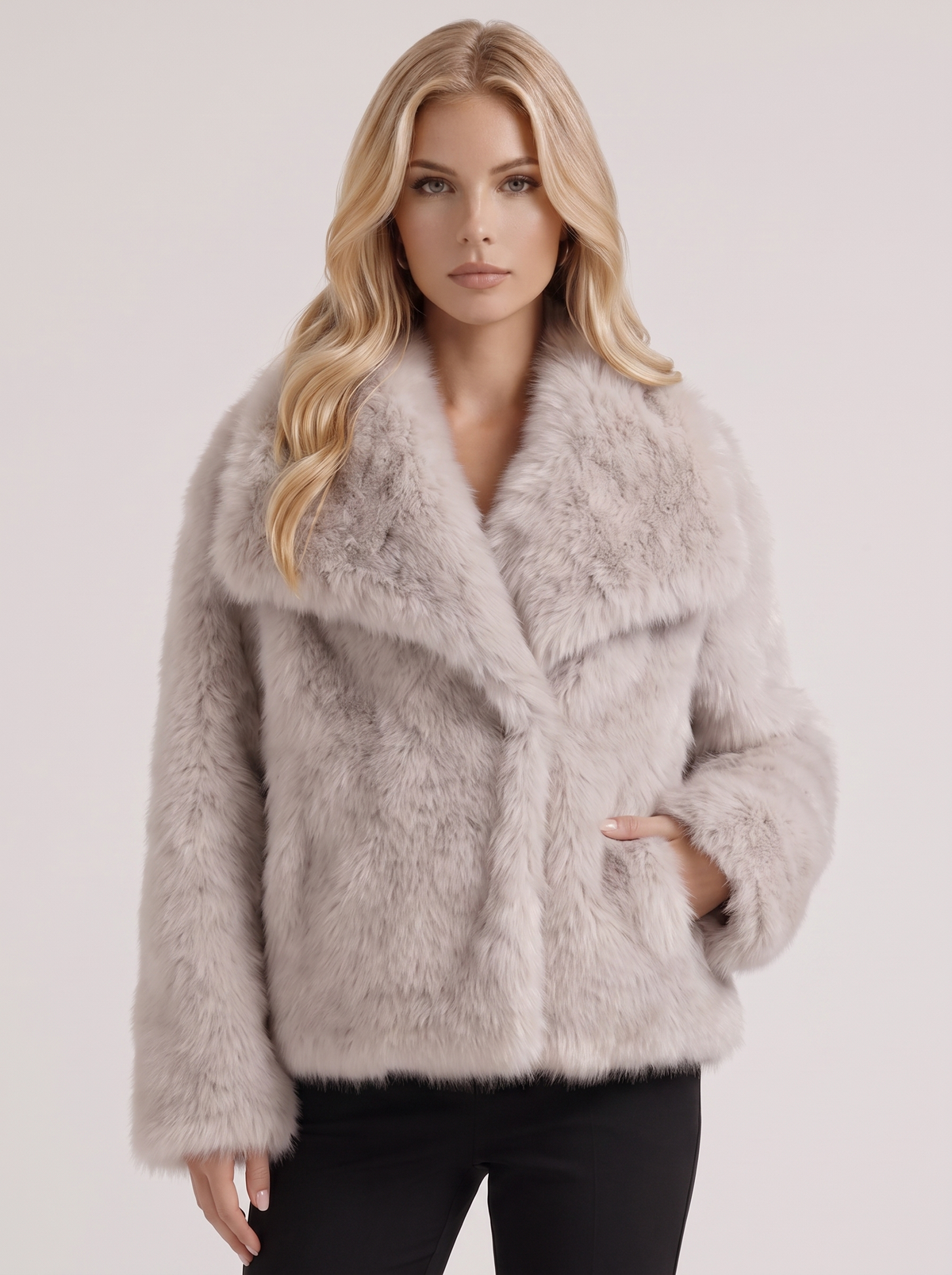 Women's Faux Fur Shawl Collar Jacket – Open-Front Plush Coat in Beige
