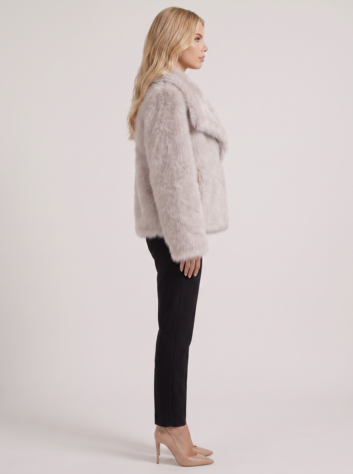 Women's Faux Fur Shawl Collar Jacket – Open-Front Plush Coat in Beige