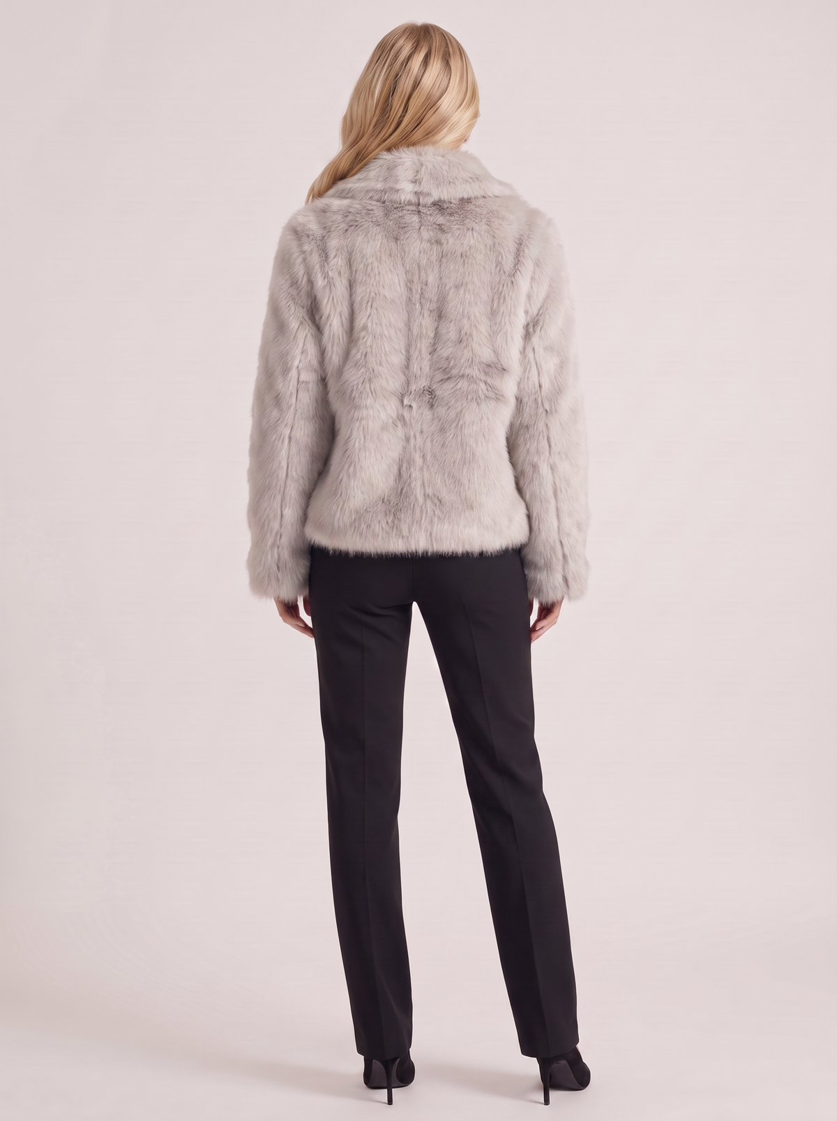 Women's Faux Fur Shawl Collar Jacket – Open-Front Plush Coat in Beige