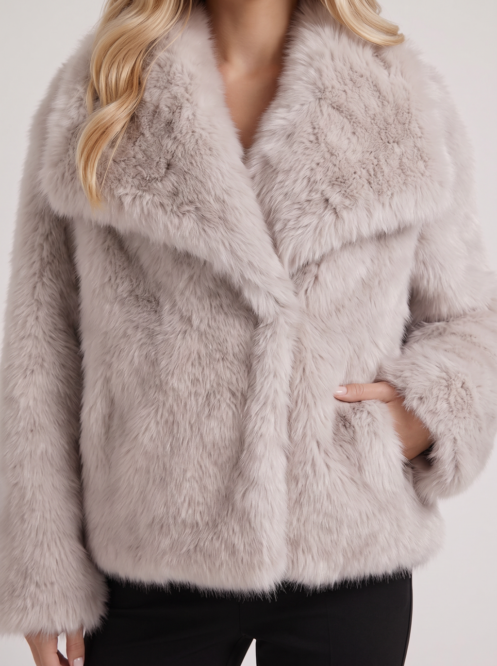 Women's Faux Fur Shawl Collar Jacket – Open-Front Plush Coat in Beige