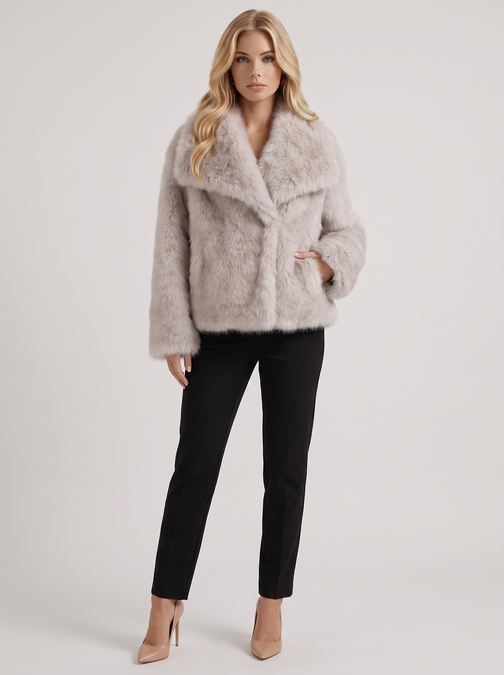 Women's Faux Fur Shawl Collar Jacket – Open-Front Plush Coat in Beige