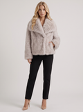 Women's Faux Fur Shawl Collar Jacket – Open-Front Plush Coat in Beige