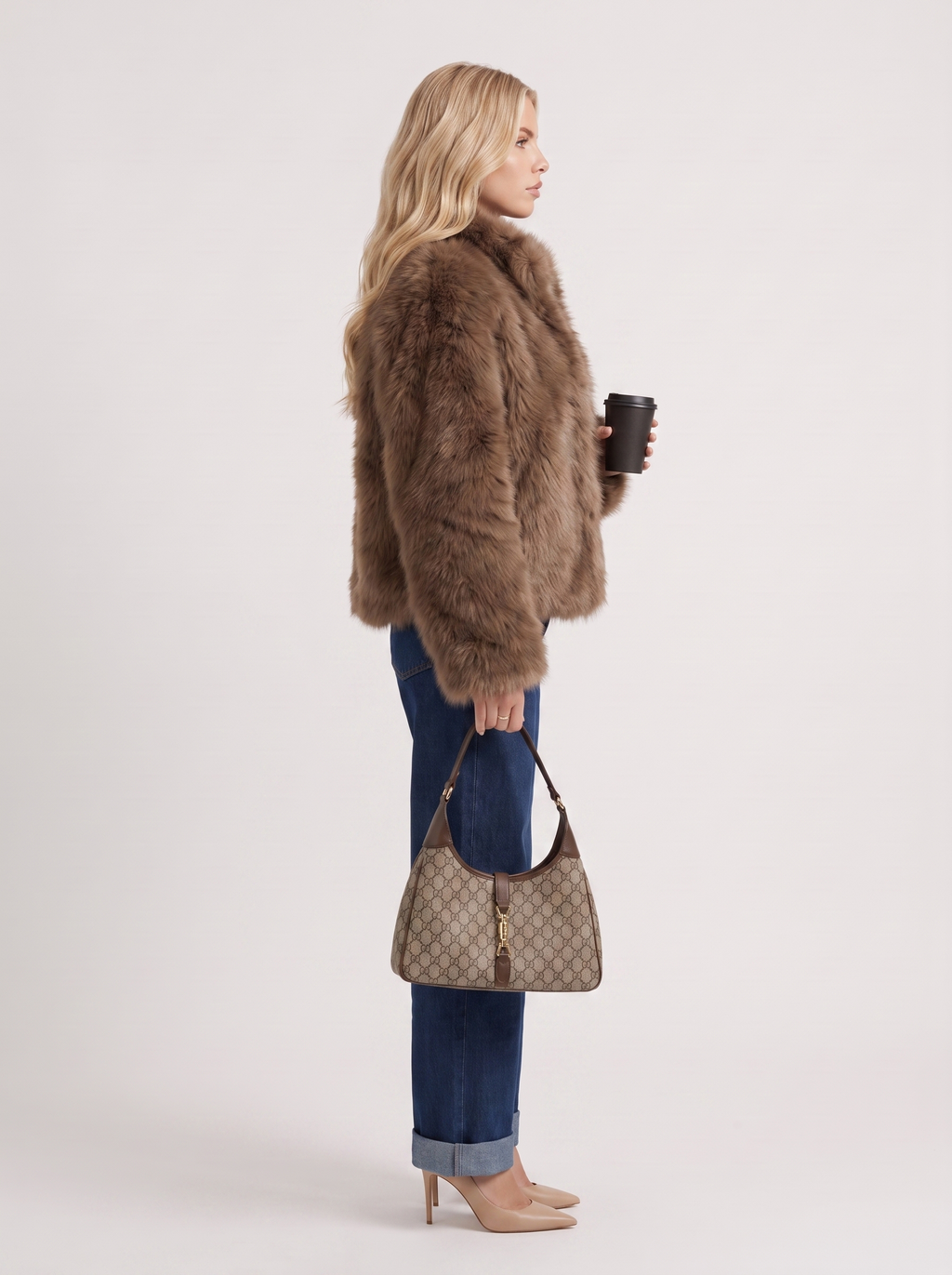 Women's Faux Fur Shawl Collar Jacket – Open-Front Plush Coat in Brown