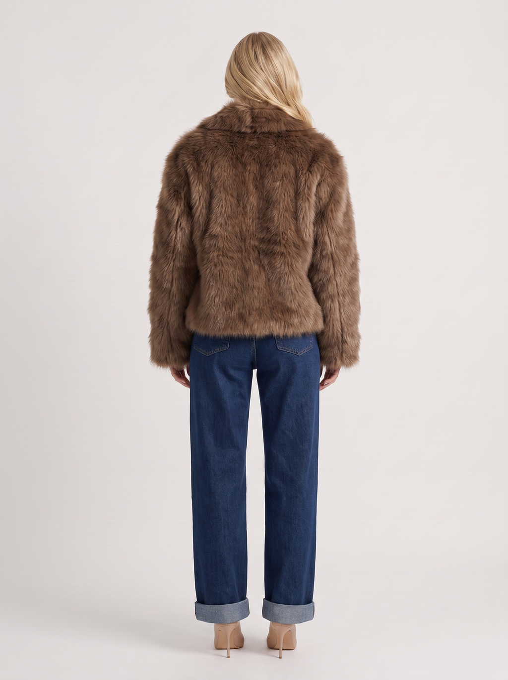 Women's Faux Fur Shawl Collar Jacket – Open-Front Plush Coat in Brown